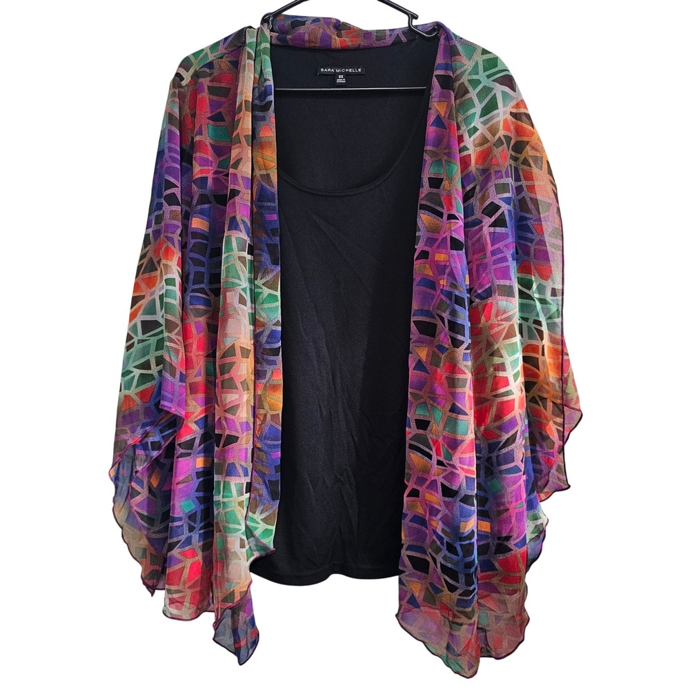 Sara Michelle 2X Plus Size Black Tank and Rainbow Geometric Kimono Cardigan Set